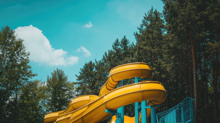 Tall, steep water slide in a vibrant yellow, set against a backdrop of green trees and a bright blue sky at an outdoor water parkの素材