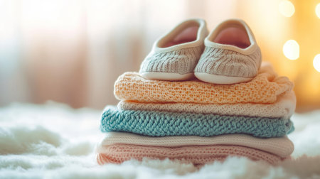 A charming pair of soft baby booties rests atop neatly folded knit blankets in soothing pastel colors, creating a serene atmosphere perfect for newborn memories.の素材