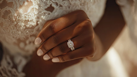 Close-up of a bride's hand adorned with a sparkling diamond ring, surrounded by lace and soft light.の素材