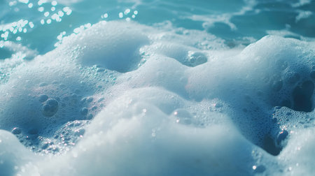 Detergent foam bubbles on clear blue water surface, creating a smooth and fresh feel. Natural light enhances bubble textureの素材