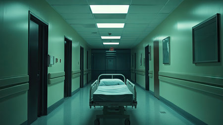 An empty hospital bed under fluorescent lights in a sterile hallway, emphasizing cleanliness.の素材