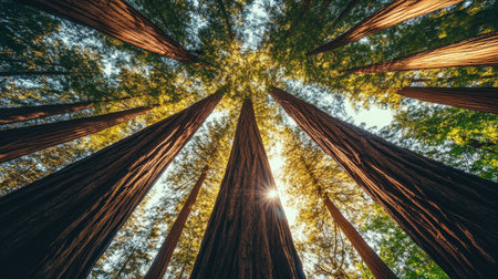 Sunlight filtering through tall rainforest trees, highlighting each layer of green leaves and creating a calming atmosphereの素材