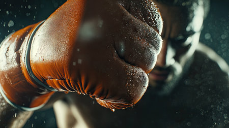 Boxer with one gloved fist raised near their face, sweat visible. Close-up captures the fierce look and details of the glove.の素材