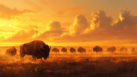 Bison herd roaming the vast plains, dust rising from the dry earth beneath their hooves, with a soft, golden sunset illuminating the landscapeの素材