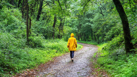 Young woman in a yellow raincoat taking a peaceful walk on a forest trail with light rain creating a serene atmosphereの素材