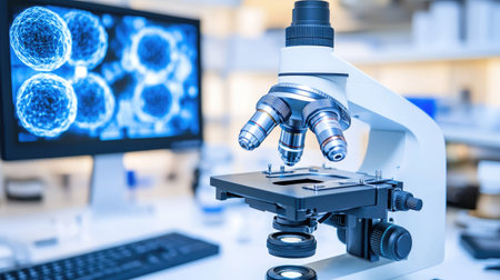 Advanced scientific microscope in a modern nanotechnology lab, digital monitors with atomic-level images and clean lab surfacesの素材