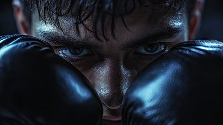 Boxer's face partially obscured by gloves in a close-up shot, eyes focused and intense. Lighting enhances mood and highlights the gloves.の素材