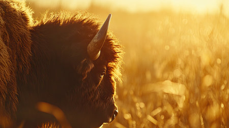 Close-up of a bison's shaggy fur and horns, with golden sunlight casting warm tones on the animal, set against a blurred prairie backgroundの素材