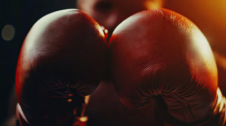Boxer's gloved hands positioned close to face in a defensive stance, showing focus. Background is dark, with soft light on gloves.の素材