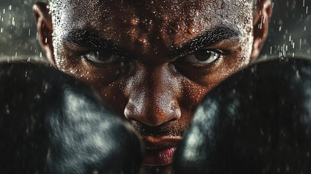 Close-up of a boxer's face, intense gaze, with gloved fists raised in front. Sweat glistens on their face, capturing focus and determination.の素材