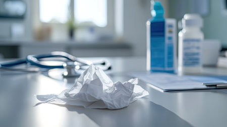 Close-up of a crumpled tissue on a doctor's desk, with a stethoscope and hand sanitizer in the backgroundの素材