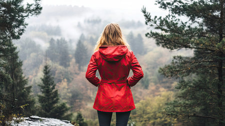 Young woman in a red raincoat standing on a misty mountain path, admiring the foggy scenery with hands in pockets, exuding adventure vibesの素材
