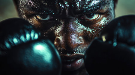 Close-up of a boxer's face and gloves, with intense expression as they prepare for a fight. Gloves are worn and the lighting is dramatic.の素材