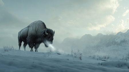 Bison standing in a snow-covered field under a pale winter sky, its breath visible in the air, showing the harsh beauty of the wildernessの素材