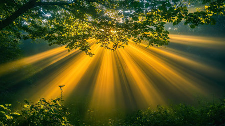 Sun rays shining on rainforest canopy, illuminating leaves and undergrowth with warm light in a peaceful jungle sceneの素材