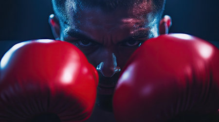 Boxer's gloved hands positioned close to face in a defensive stance, showing focus. Background is dark, with soft light on gloves.の素材