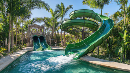 Massive tube slide in bold green, spiraling down and leading to a big pool, with surrounding palm trees adding to the tropical feelの素材