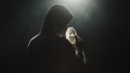 Man in a hoodie, backlit by a single light source, holding a white mask in one hand, with his face hidden in the shadowsの素材