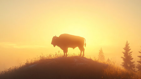 Single American bison standing on a grassy hill, its silhouette highlighted by a golden sunrise, creating a peaceful scene of solitudeの素材