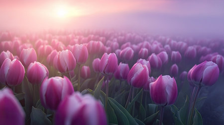 Rows of vibrant tulips, blanketed by light morning fog, creating a dreamy contrast between color and mistの素材