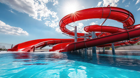 Spiraling red water slide with steep turns, set against a sunny sky, ending in a large, clear pool at the base of the slideの素材