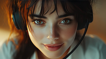 Professional woman with headset in close-up, maintaining eye contact with the camera, with a subtle smile. Warm lighting.の素材