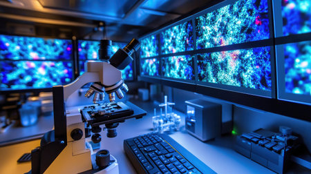 State-of-the-art microscope in a nanotechnology lab, surrounded by screens displaying nanotech visuals and molecular structuresの素材