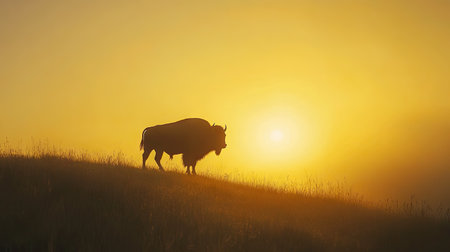 Single American bison standing on a grassy hill, its silhouette highlighted by a golden sunrise, creating a peaceful scene of solitudeの素材