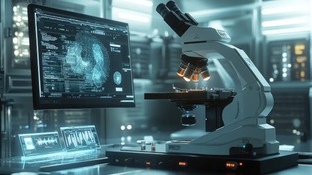 Scientific microscope with nanotechnology samples, digital data screens, and a bright, clean laboratory settingの素材