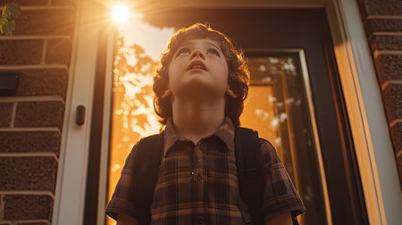 Child with a backpack standing outside the school doors, looking up with an excited expression, ready for the school dayの素材