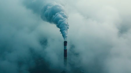 A single car exhaust pipe releasing visible smoke into a foggy, cold morning, blending with mist to highlight the emissions problemの素材