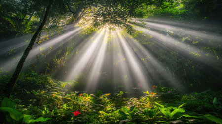 Sunlight breaking through the dense canopy of rainforest trees, casting gentle light on layered foliage and vibrant green undergrowthの素材