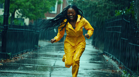 A woman in a bright yellow raincoat running playfully down a wet sidewalk, her laughter evident as raindrops fall around herの素材