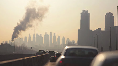 Cars on a highway emitting visible smoke from tailpipes, with a blurred skyline in the background impacted by pollutionの素材