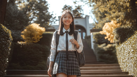 A girl in a school uniform with a backpack walking up the steps toward the school entrance, smiling with excitement for the dayの素材