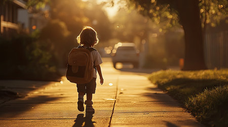 A young child wearing a large backpack walking down a sunny sidewalk towards school, exuding excitement and anticipation for a new dayの素材