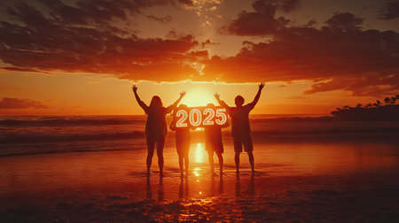 Family standing in silhouette, holding  cutouts with a radiant orange sunset, celebrating the dawn of a new year togetherの素材