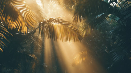 Sunlight breaking through tall rainforest trees, casting a golden light on lush green leaves in a tranquil, vibrant jungleの素材