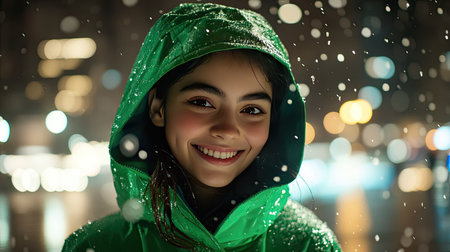 Close-up of a smiling woman in a bright green raincoat, water droplets on her hood, with blurry city lights in the backgroundの素材