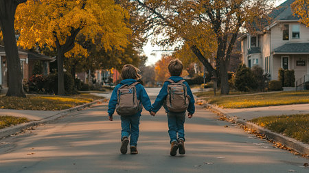 Siblings with backpacks walking hand-in-hand on a suburban street, heading to school together on a crisp autumn morningの素材