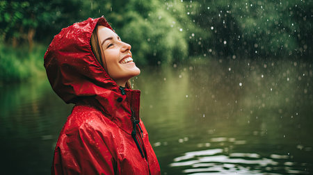 Smiling woman in a red raincoat standing near a small pond on a rainy day, her reflection visible in the water as raindrops rippleの素材