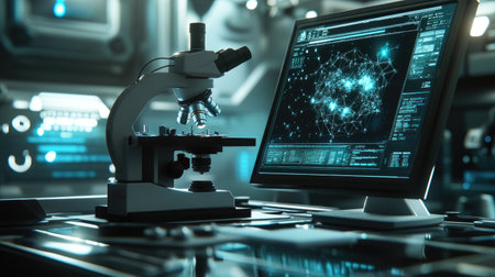 Close-up of a microscope in a nanotech lab, with digital screens displaying detailed atomic visuals, clean lab surfacesの素材