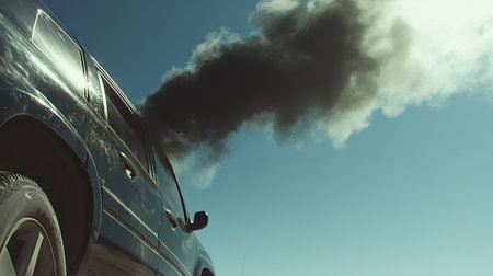 Close-up of an SUV emitting black smoke from its exhaust on a sunny day, with visible air pollution contrasting against a clear skyの素材