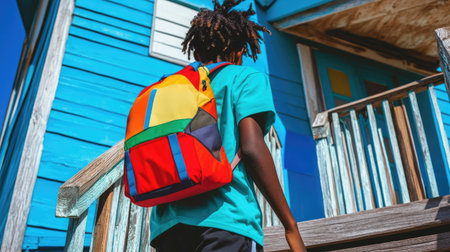 Child with a brightly colored backpack looking back while walking up the school steps, ready to start a new school yearの素材