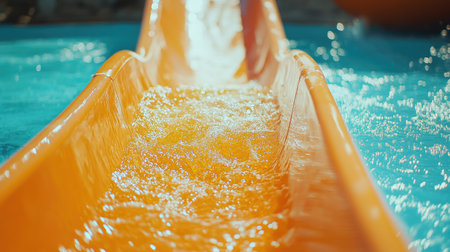 Close-up of a steep orange water slide with water flowing down, leading into a turquoise pool on a sunny summer dayの素材