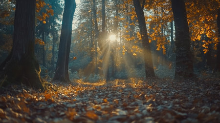 Beautiful autumn glade in the forest, with warm golden light illuminating trees and fallen leaves creating a cozy, natural settingの素材