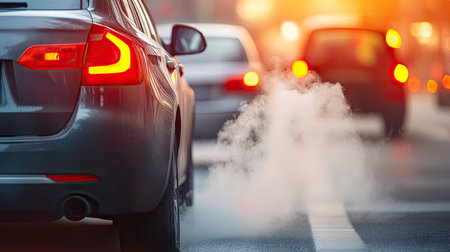 Hazy smoke trails from a car exhaust, blending into a dense cityscape, showing vehicle emissions as part of urban pollutionの素材