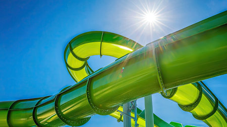 Close-up of a twisting green water slide with sharp turns, shining under the sun, and set against the bright blue skyの素材