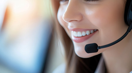 Close-up of a smiling woman wearing a headset, engaging in a call with a warm expression. Her face is illuminated by a computer screen. Office background blurred.の素材