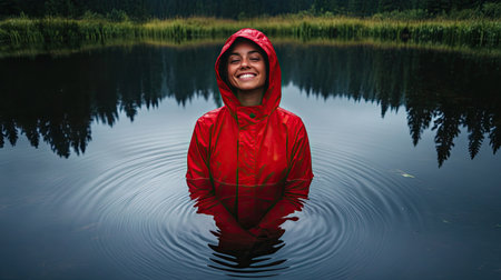 Smiling woman in a red raincoat standing near a small pond on a rainy day, her reflection visible in the water as raindrops rippleの素材